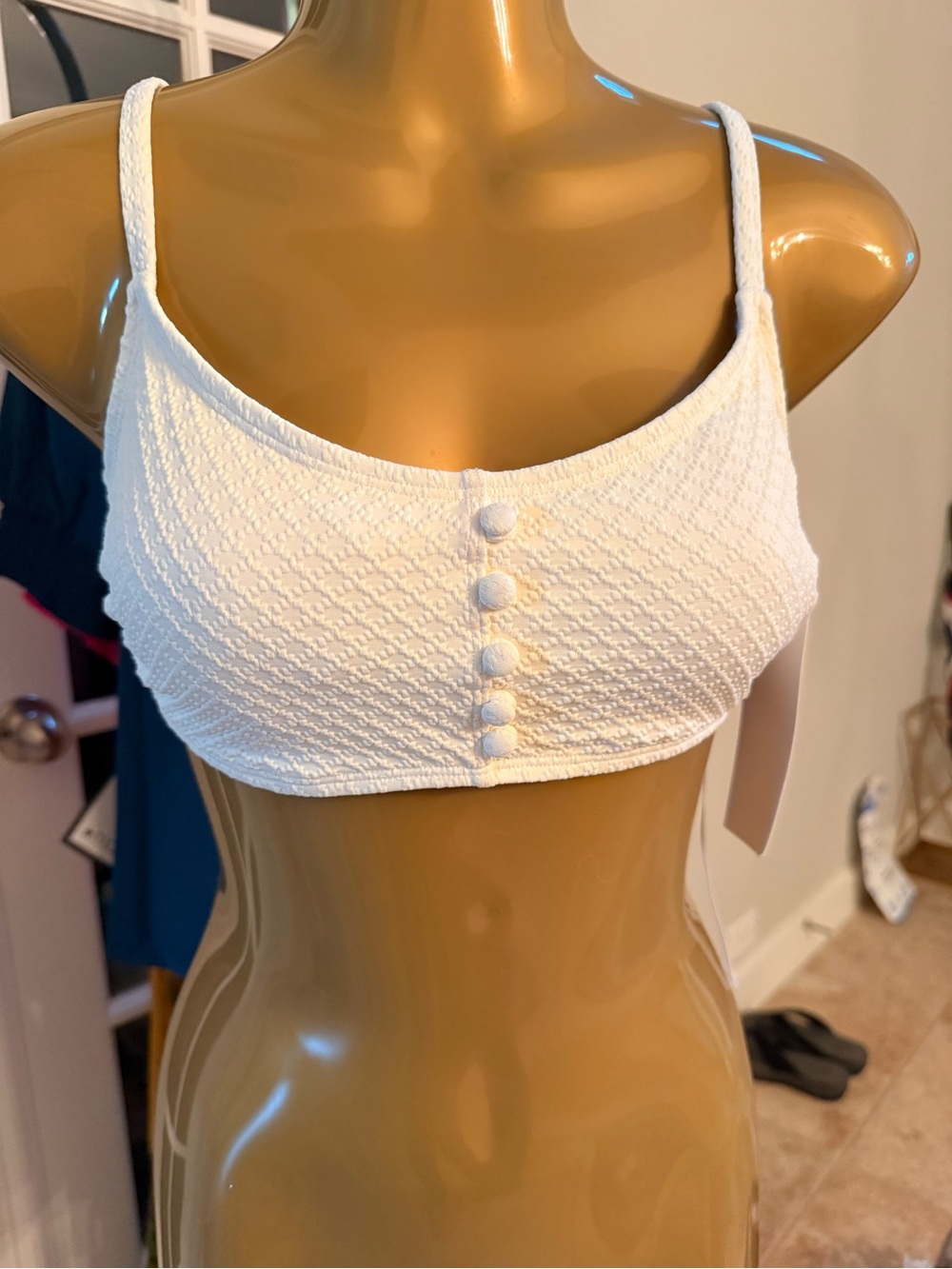 CeCe White Textured Button-Front Bikini Top